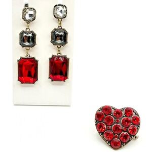 Vintage Art Deco Red Rhinestone Jewelry‎ Set Heart Stretch Ring & Drop Earrings